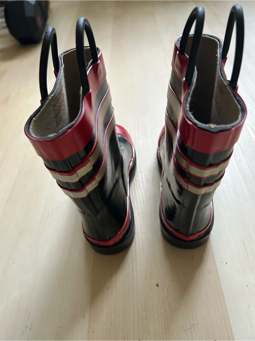 Kids Waterproof Black and Red Firehouse Rain Boots with Handles
